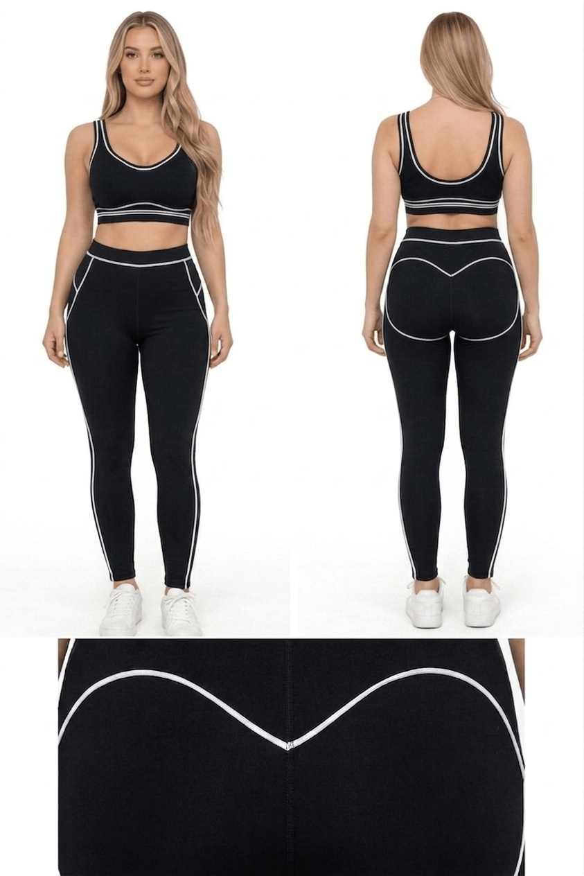 Women White Piping Trim Sports Bra Leggings Pants Set