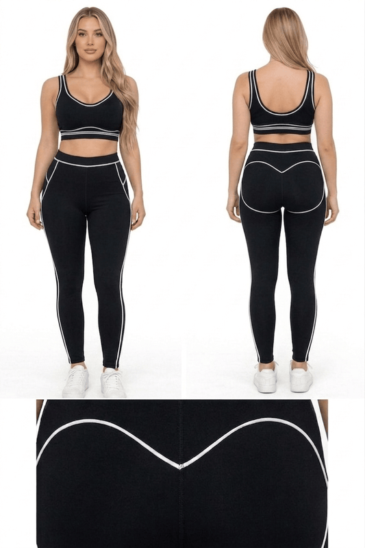 Women White Piping Trim Sports Bra Leggings Pants Set