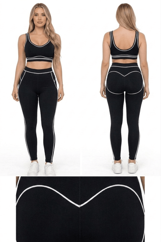 Women White Piping Trim Sports Bra Leggings Pants Set