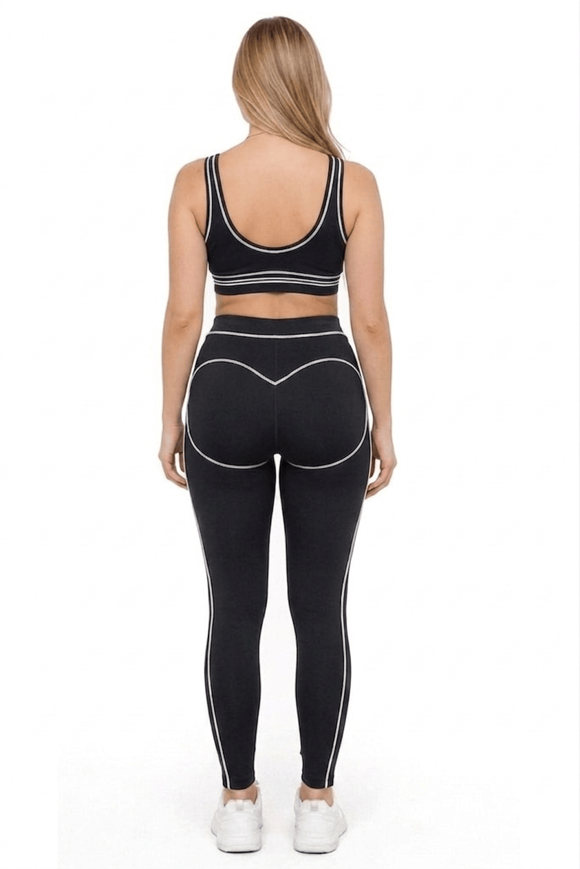 Women White Piping Trim Sports Bra Leggings Pants Set