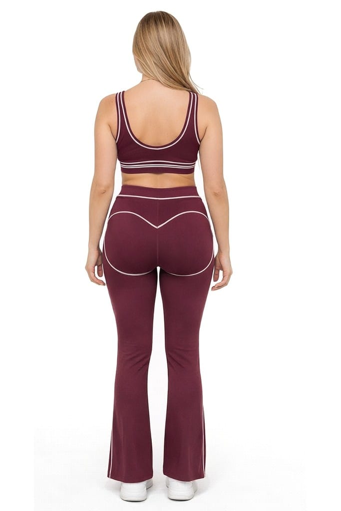 Women White Piping Trim Sports Bra With Flare Legging Pants Set